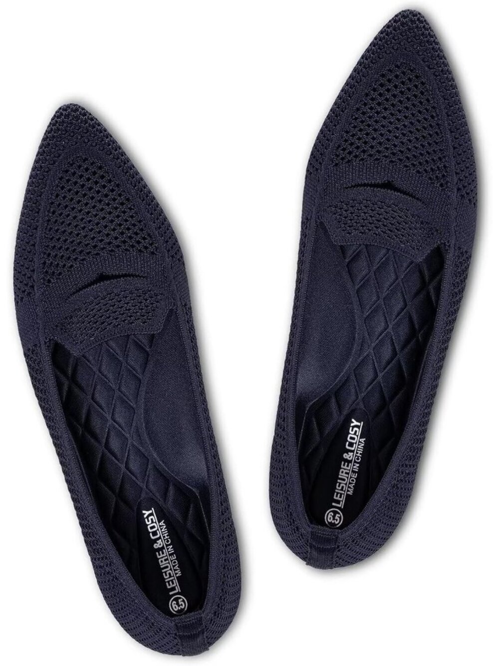Women's Navy Blue Pointed Toe Penny Ballet Knit Mesh Slip On Flat Loafer Shoes